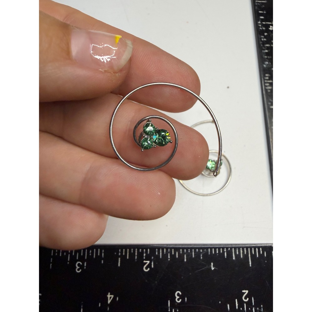 Silver Tone Green Rhinestone Spiral Swirl Pull Through Earrings Minimalist